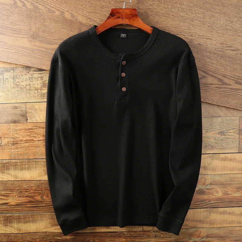 Men's Long Sleeve Henley Cotton Sweater - Waffle Knit, Comfortable Casual and Elegant
