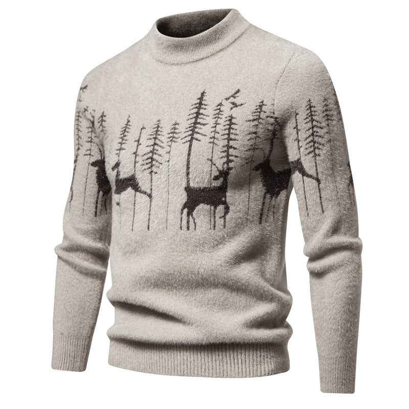 Men's Cotton Jacquard Pullover with Reindeer Pattern - Warm and Comfortable Crew Neck