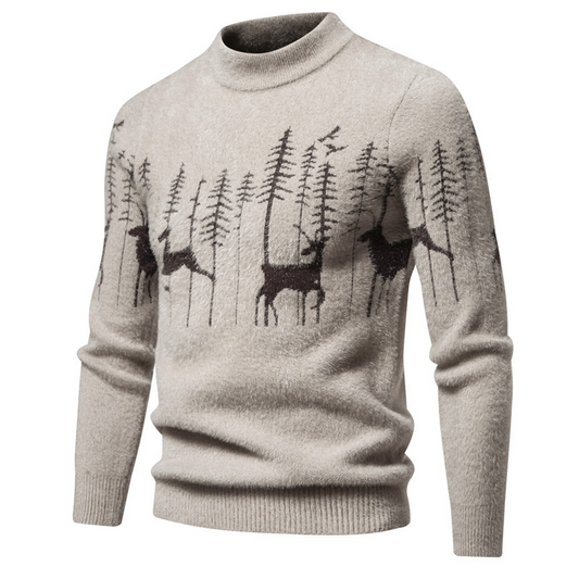 Men's Cotton Jacquard Pullover with Reindeer Pattern - Warm and Comfortable Crew Neck