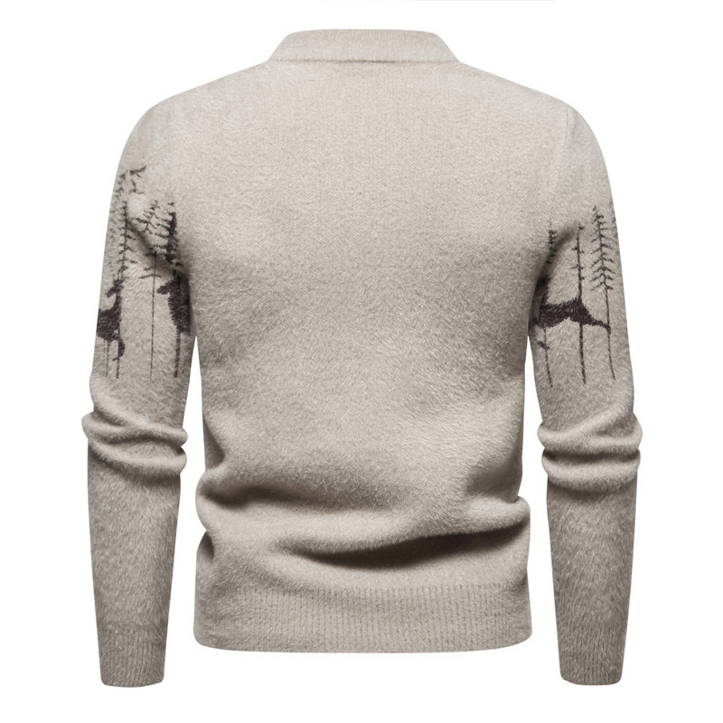 Men's Cotton Jacquard Pullover with Reindeer Pattern - Warm and Comfortable Crew Neck