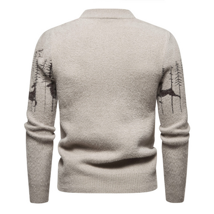 Men's Cotton Jacquard Pullover with Reindeer Pattern - Warm and Comfortable Crew Neck
