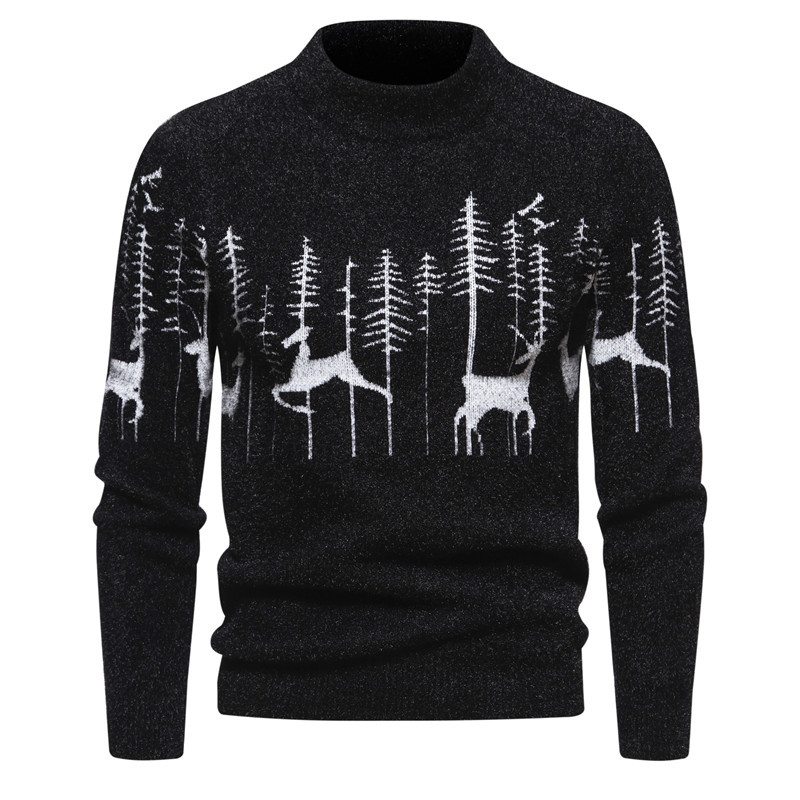Men's Cotton Jacquard Pullover with Reindeer Pattern - Warm and Comfortable Crew Neck