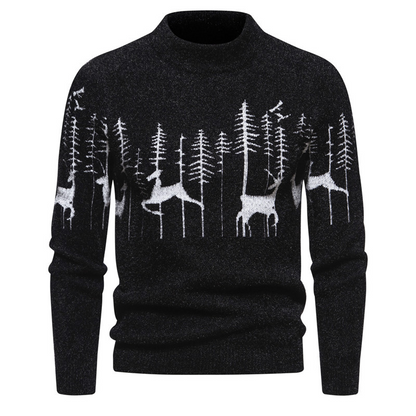 Men's Cotton Jacquard Pullover with Reindeer Pattern - Warm and Comfortable Crew Neck