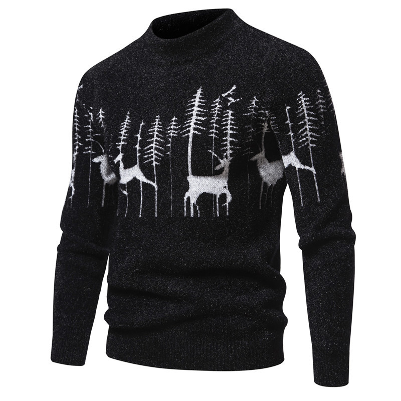 Men's Cotton Jacquard Pullover with Reindeer Pattern - Warm and Comfortable Crew Neck