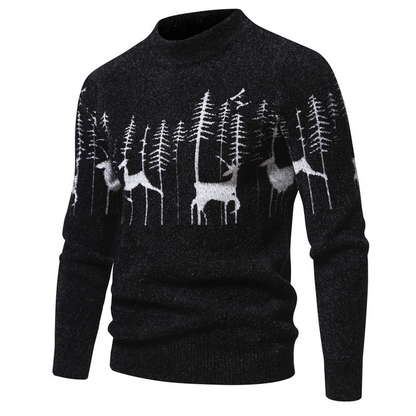Men's Cotton Jacquard Pullover with Reindeer Pattern - Warm and Comfortable Crew Neck