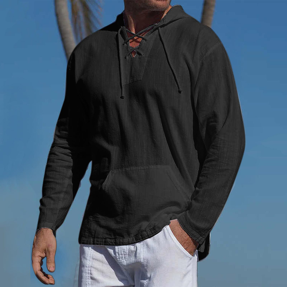 Lightweight Men's V-Neck Lace-Up Sweater with Hood - Casual Style and Optimal Comfort