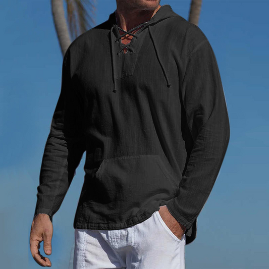 Lightweight Men's V-Neck Lace-Up Sweater with Hood - Casual Style and Optimal Comfort