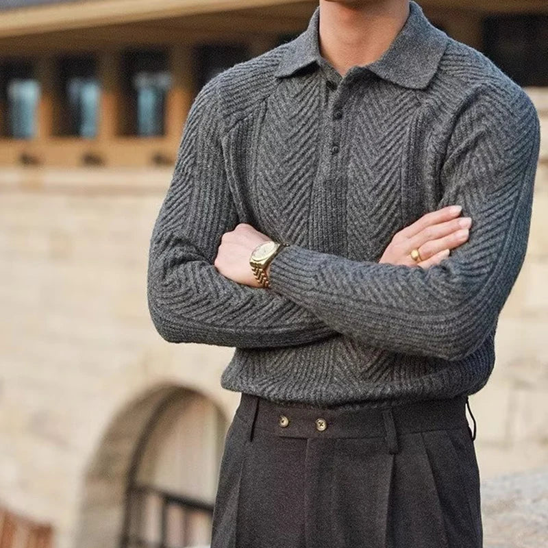 Pull Polo Chaud pour Homme avec Col Raffiné et Texture Chevron – Coupe Décontractée