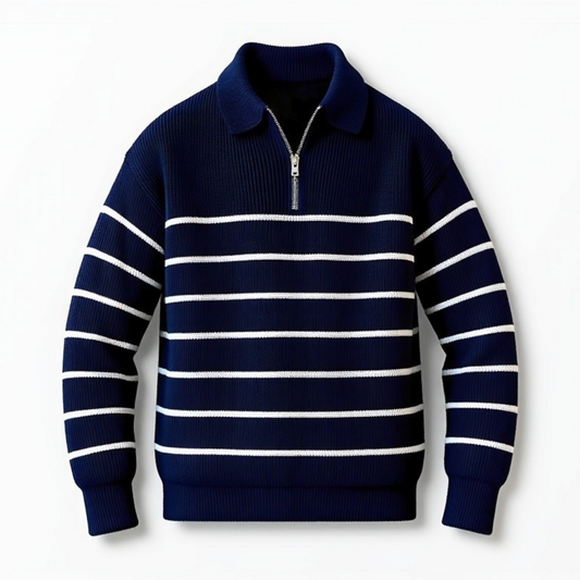 Striped Men's Cotton Sweater with Zipped Collar – Nautical and Comfortable Style