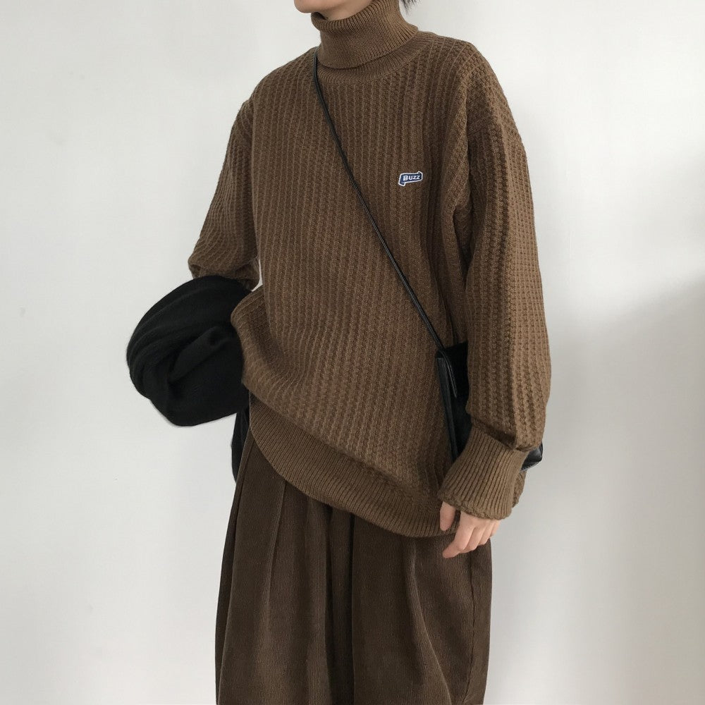 Oversized Unisex Pullover with Ribbed Turtleneck Knit – Caramel