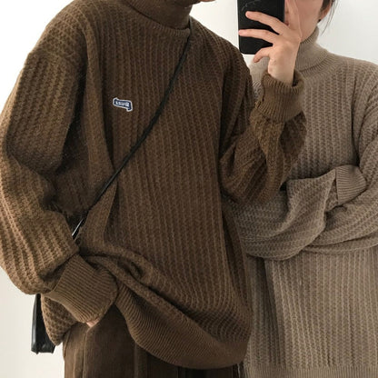 Oversized Unisex Pullover with Ribbed Turtleneck Knit – Caramel