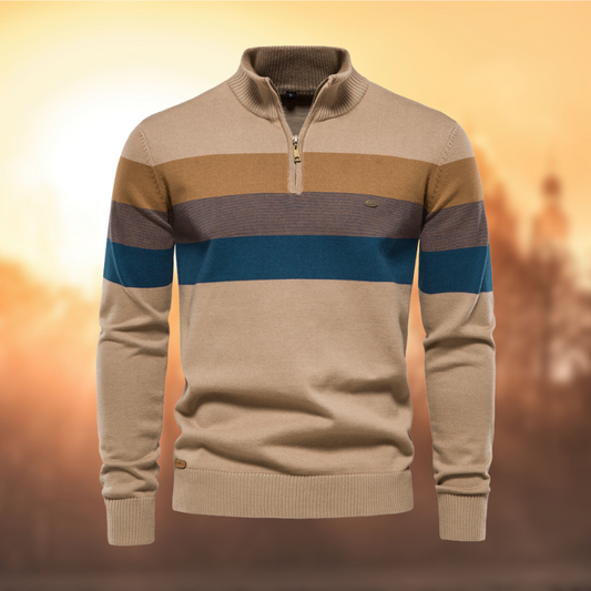 Classic Striped Cotton Zip-Up Sweater for Men – Comfort and Elegance