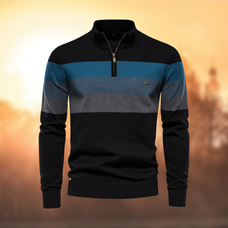 Pull Zippé Classique en Coton Rayé pour Hommes – Confort et Élégance