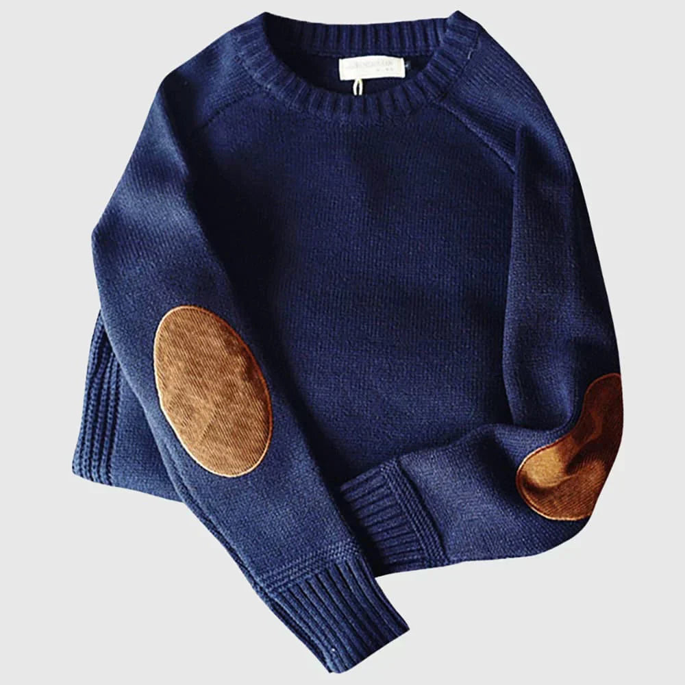 Pull à Col Rond pour Hommes en Laine Mélangée avec Coudières en Cuir – Confort et Style