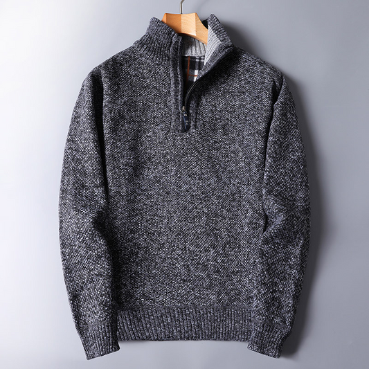Knit Sweater for Men with Half-Zip Stand Collar – Wool Blend and Casual Style