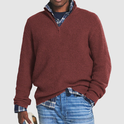 Ribbed Knit Men's Sweater with Stand-Up Collar and Half-Zip – Comfortable and Elegant for Office and Leisure