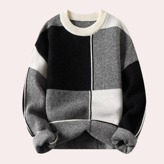 Men's round neck sweater in soft cotton with oversized check pattern - Comfortable and modern