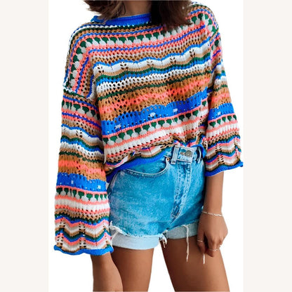 Women's Colorful Striped Knit Sweater - Loose and Casual Fit, Round Neck, Long Sleeves