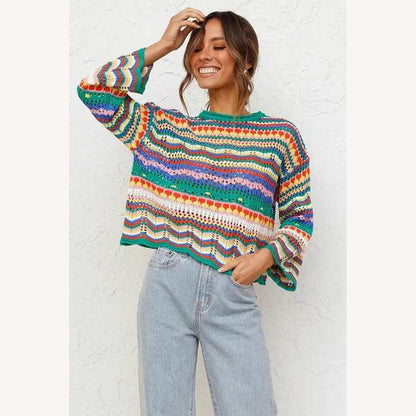 Women's Colorful Striped Knit Sweater - Loose and Casual Fit, Round Neck, Long Sleeves