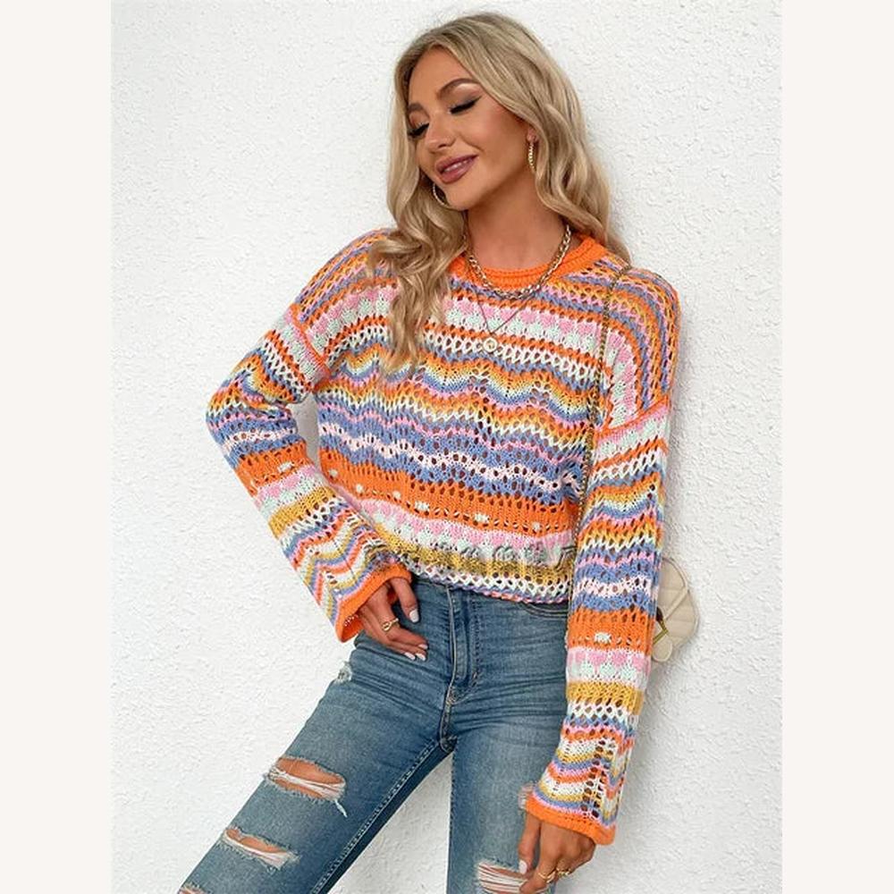 Women's Colorful Striped Knit Sweater - Loose and Casual Fit, Round Neck, Long Sleeves