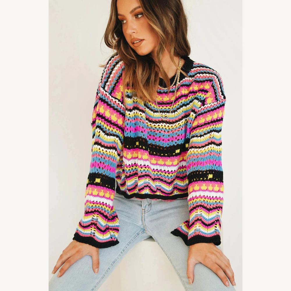 Variant image for Pull Femme en Maille Coloré à Rayures Multicolores - Coupe Ample et Décontractée, Col Rond, Manches Longues-5