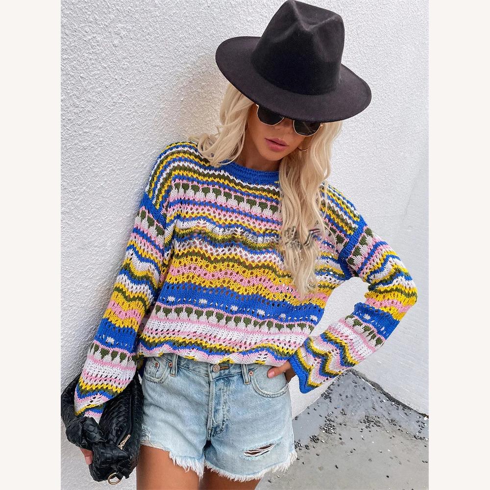 Variant image for Pull Femme en Maille Coloré à Rayures Multicolores - Coupe Ample et Décontractée, Col Rond, Manches Longues-9