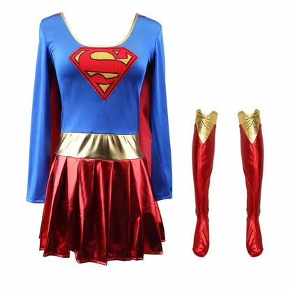 Supergirl Cosplay Dress for Women – Halloween Costume with Pleated Skirt and Long Sleeves