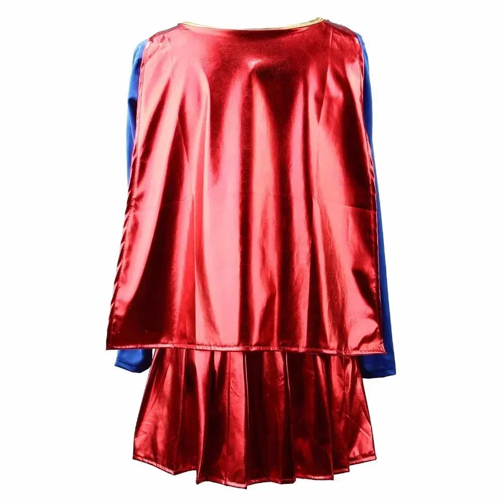 Supergirl Cosplay Dress for Women – Halloween Costume with Pleated Skirt and Long Sleeves