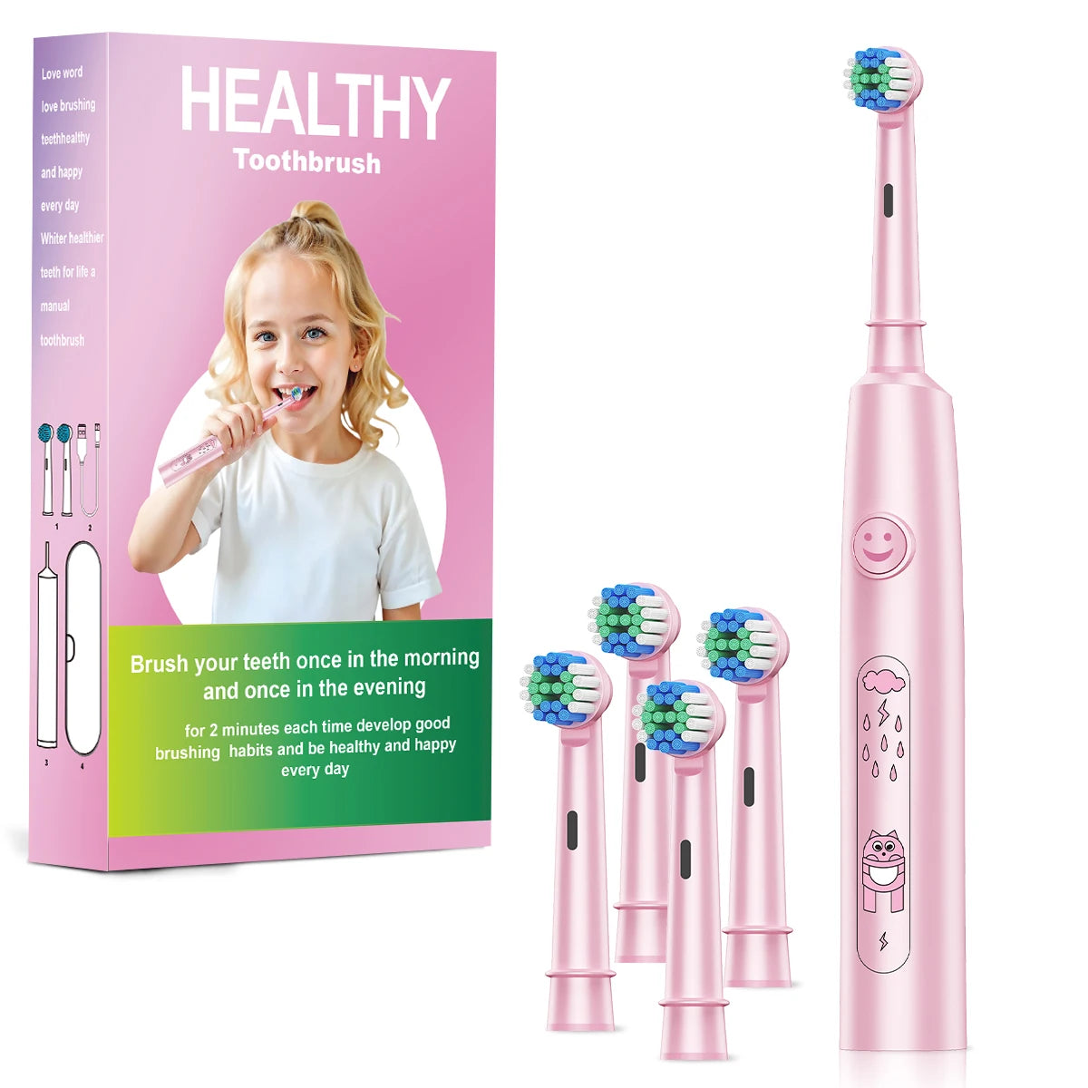 Round Electric Toothbrush with 5 Cleaning Modes and Soft Bristles – USB Rechargeable with 4/8 Replacement Heads