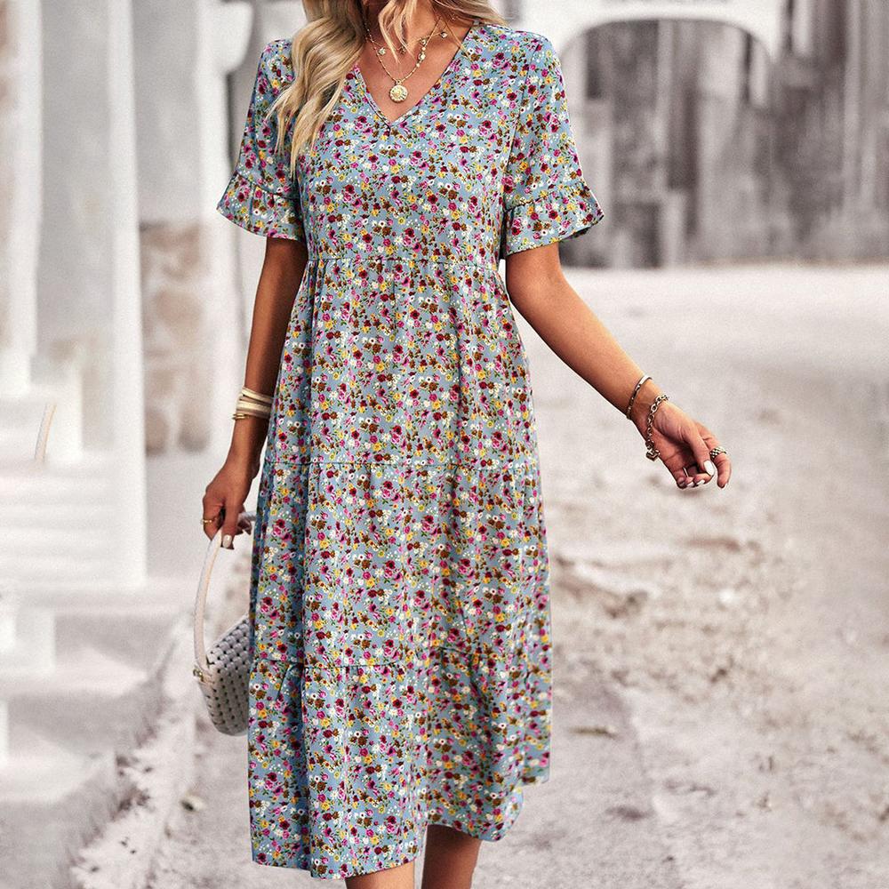 Robe d'Été Fleurie Femme Longue – Élégante en Abricot, Noir, Bleu, Vert et Bleu Royal, Modèle Chic et Polyvalent