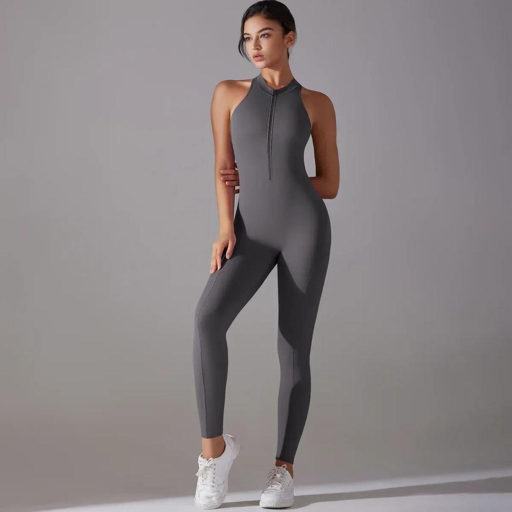 Chic Women's Zipped Halter Fitted Jumpsuit in Polyester and Spandex - Sporty and Elegant