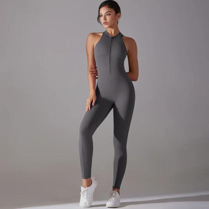 Chic Women's Zipped Halter Fitted Jumpsuit in Polyester and Spandex - Sporty and Elegant