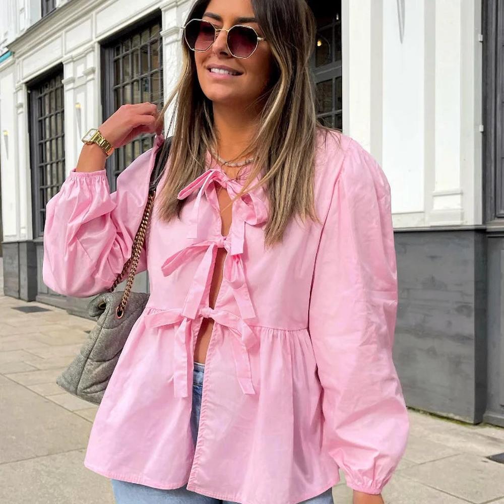 Variant image for Blouse à Nœuds Féminine en Coton Léger avec Manches Bouffantes – Élégante Col V et Coupe Ample-8