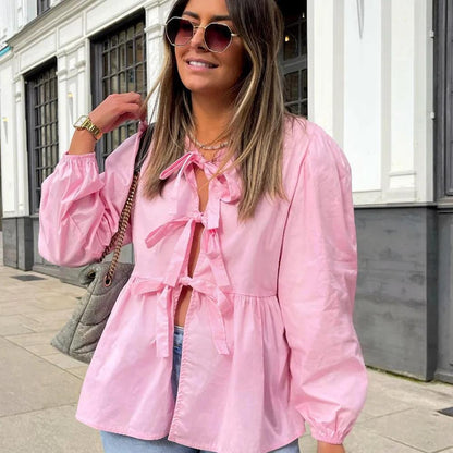 Variant image for Blouse à Nœuds Féminine en Coton Léger avec Manches Bouffantes – Élégante Col V et Coupe Ample-8