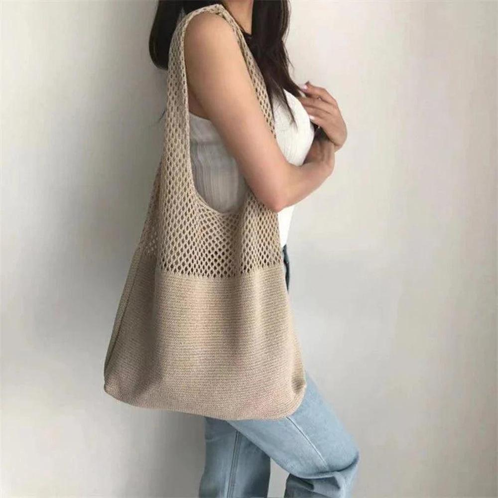 Sac à Main Femme en Crochet Vintage – Grand Tote en Coton Idéal pour Plage et Été, Style Décontracté Boho Chic