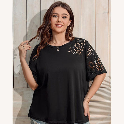 Loose Women's T-Shirt with Floral Cutouts – Lightweight and Breathable Fabric, Plus Size Available