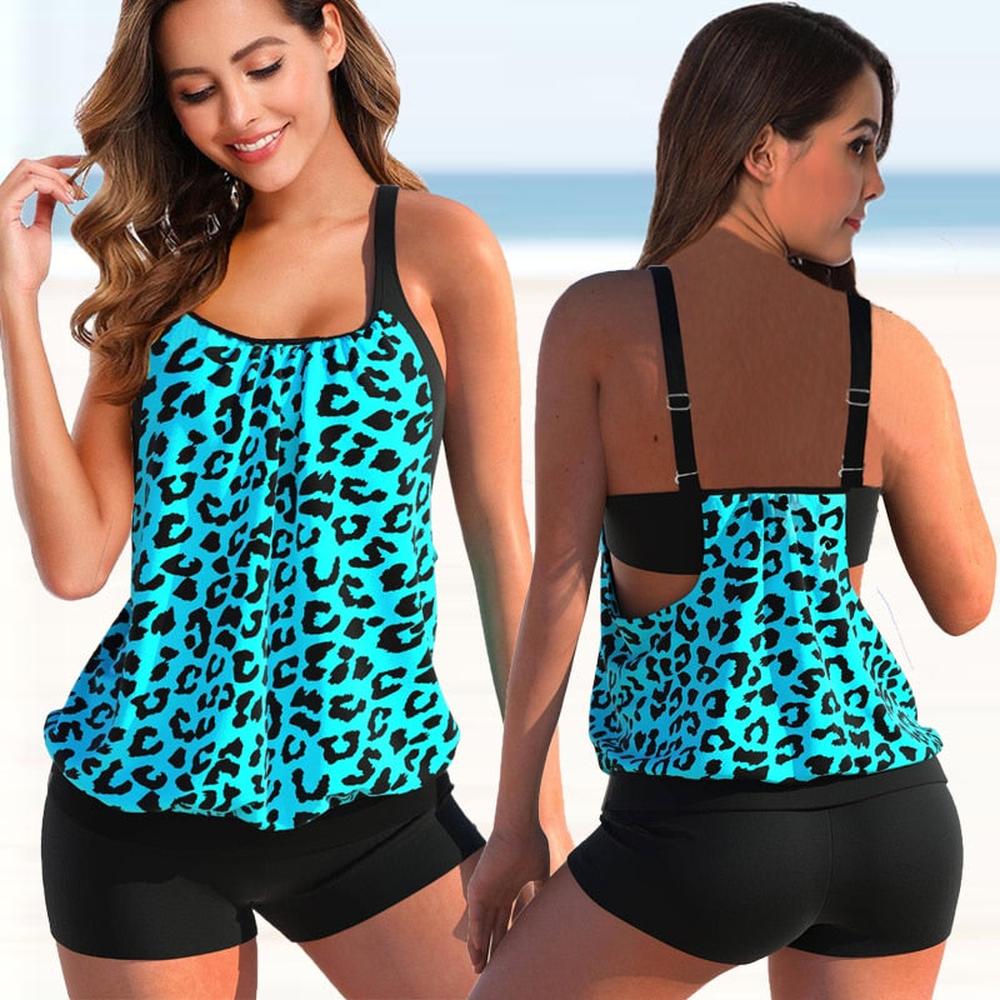 Modern Two-Tone Women's Tankini with Floral Pattern and Leopard Print – Comfortable and Elegant Swimsuit