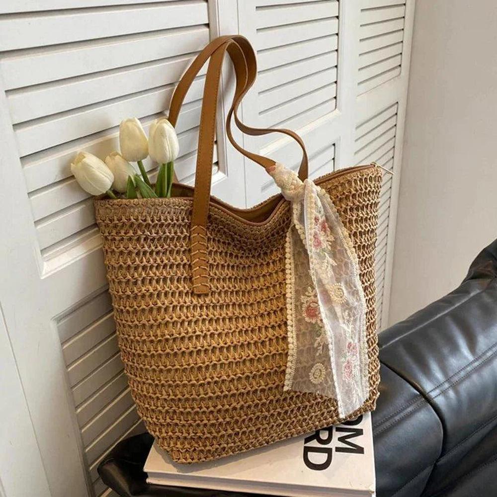 Sac Cabas Femme en Paille avec Anses en Simili Cuir et Foulard Floral – Accessoire Bohème-Chic 30x31 cm