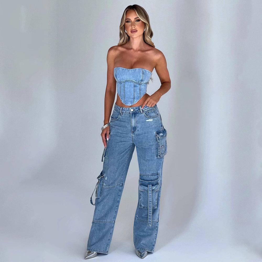 Ensemble Cargo Femme en Denim avec Top Bustier et Pantalon Taille Haute – Style Sport Urbain