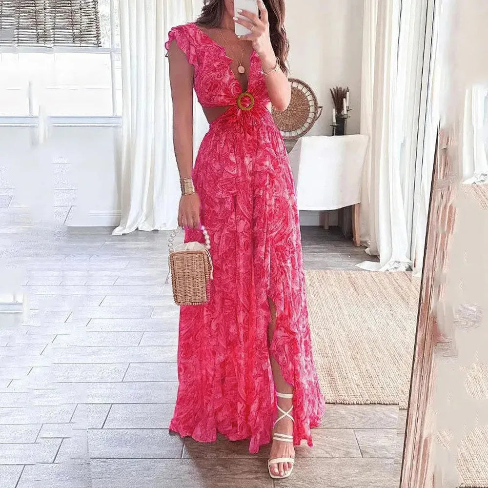 Robe de Soirée Longue Femme à Décolleté en V Floral – Élégante et Polyvalente pour Toutes Occasions