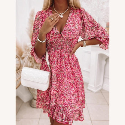 Chic Women's Summer Dress with V-Neck – Comfortable Long Polyester Dress for Summer Days