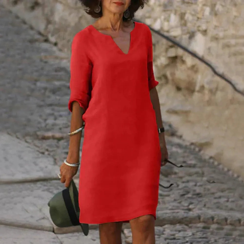Robe Longue Femme à Manches Trois-Quarts Col en V – Chic et Confortable pour Printemps et Été