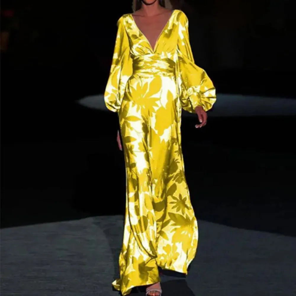 Elegant Long Dress for Women with V-Neck and Puff Sleeves – Casual Boho Style