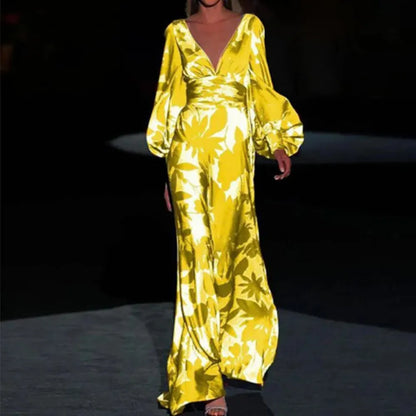 Elegant Long Dress for Women with V-Neck and Puff Sleeves – Casual Boho Style