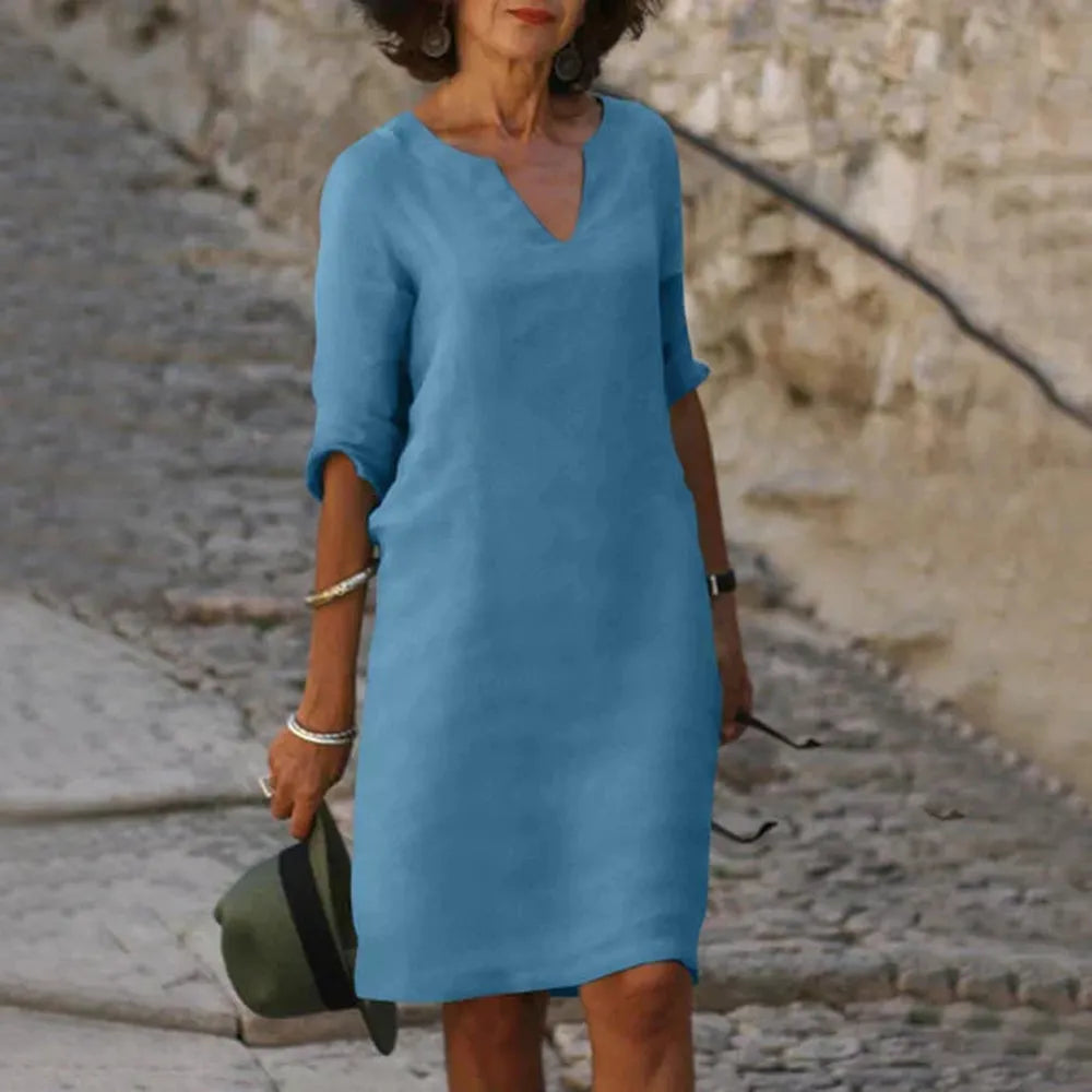 Robe Longue Femme à Manches Trois-Quarts Col en V – Chic et Confortable pour Printemps et Été