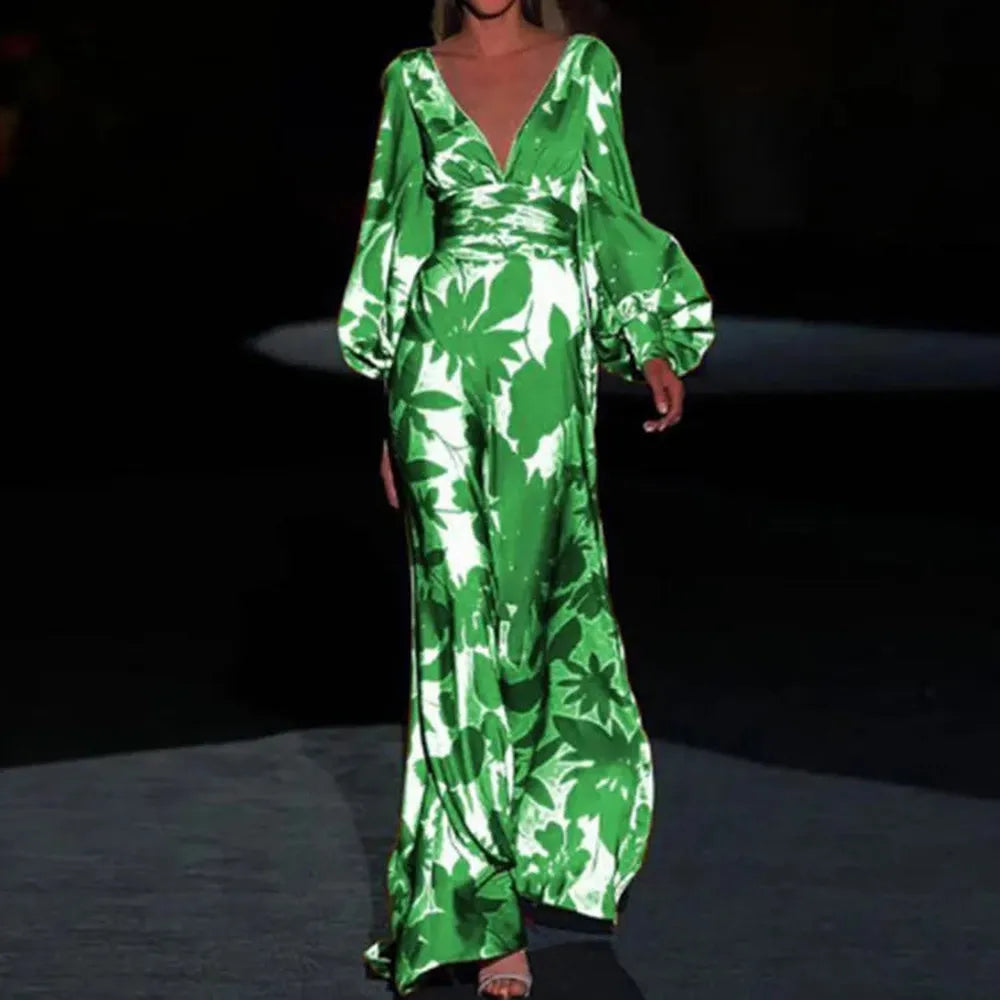 Robe Longue Femme Élégante avec Décolleté en V et Manches Bouffantes – Style Boho Décontracté