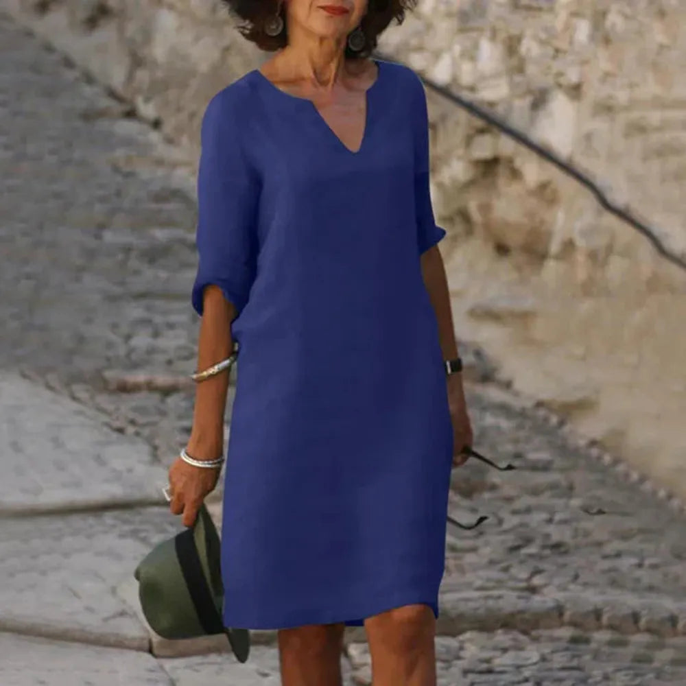 Robe Longue Femme à Manches Trois-Quarts Col en V – Chic et Confortable pour Printemps et Été