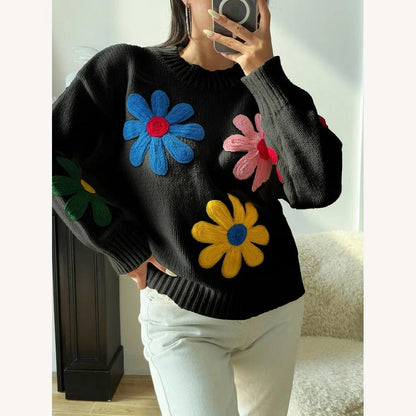 Pull ample à fleurs pour femmes – Tricot doux, col rond, manches longues, style ancien, confort optimal