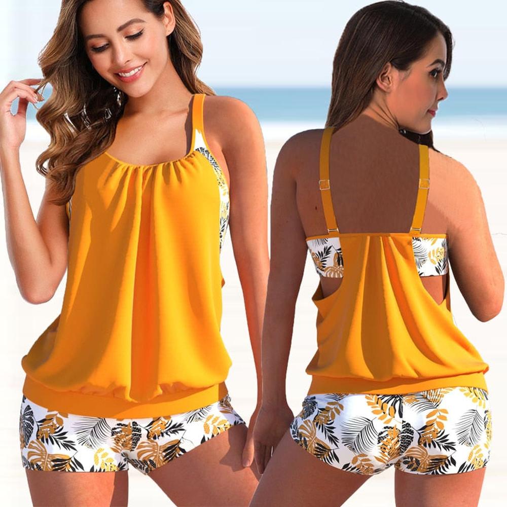 Modern Two-Tone Women's Tankini with Floral Pattern and Leopard Print – Comfortable and Elegant Swimsuit
