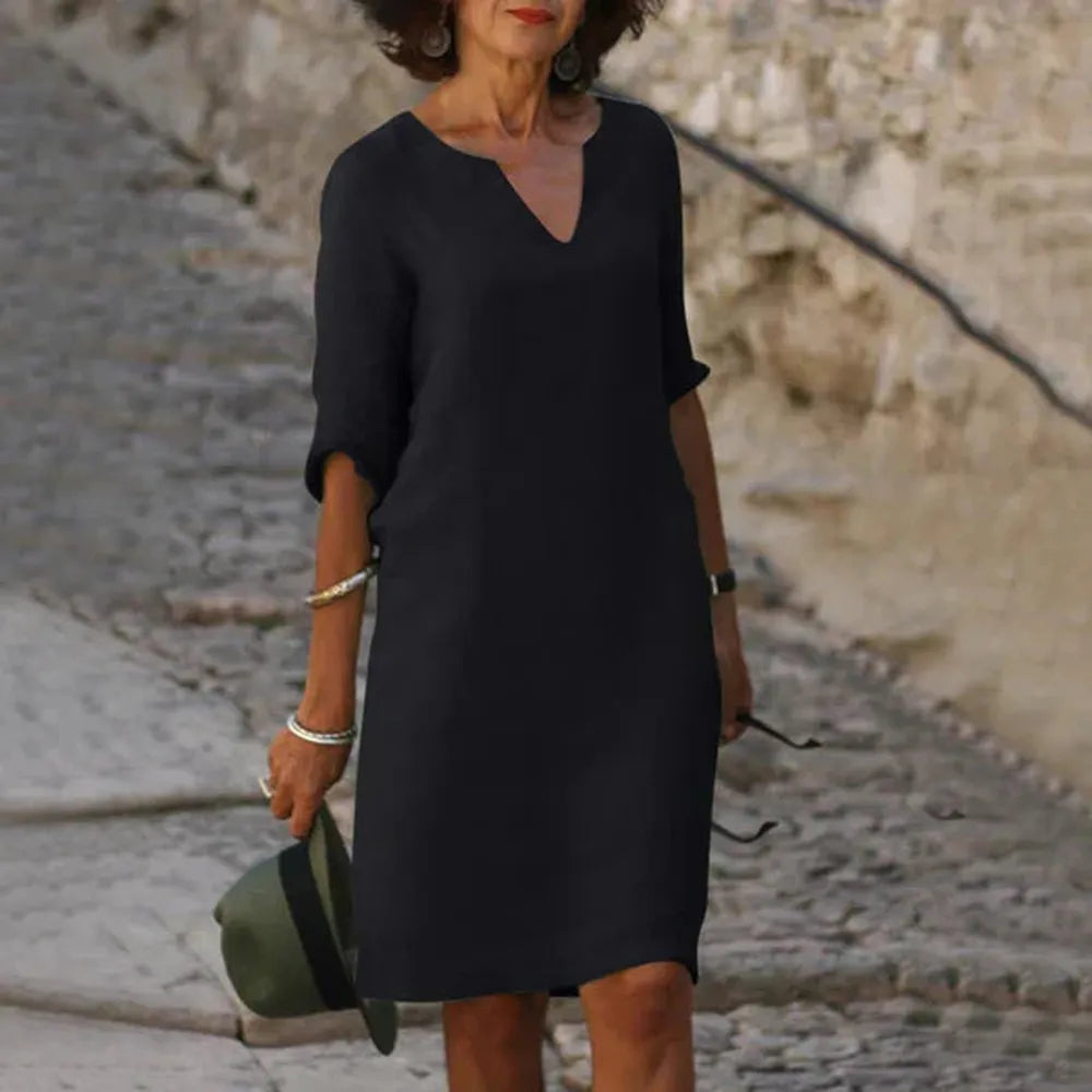 Robe Longue Femme à Manches Trois-Quarts Col en V – Chic et Confortable pour Printemps et Été